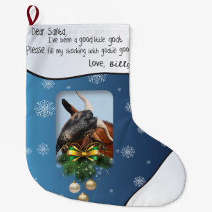 Blue Holiday Goat ADD YOUR GOAT Photo Large Christmas Stocking