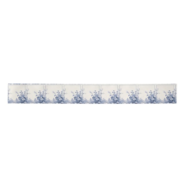 Blue Holiday Ribbon with French Floral Pattern Satin Ribbon (Front)