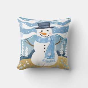 Blue Holiday Snowman Christmas Winter Cushion