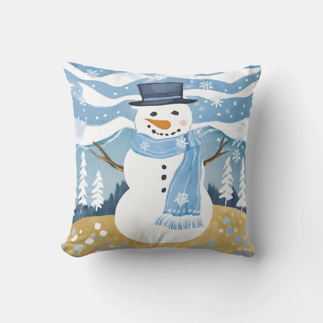 Blue Holiday Snowman Christmas Winter Cushion (Front)