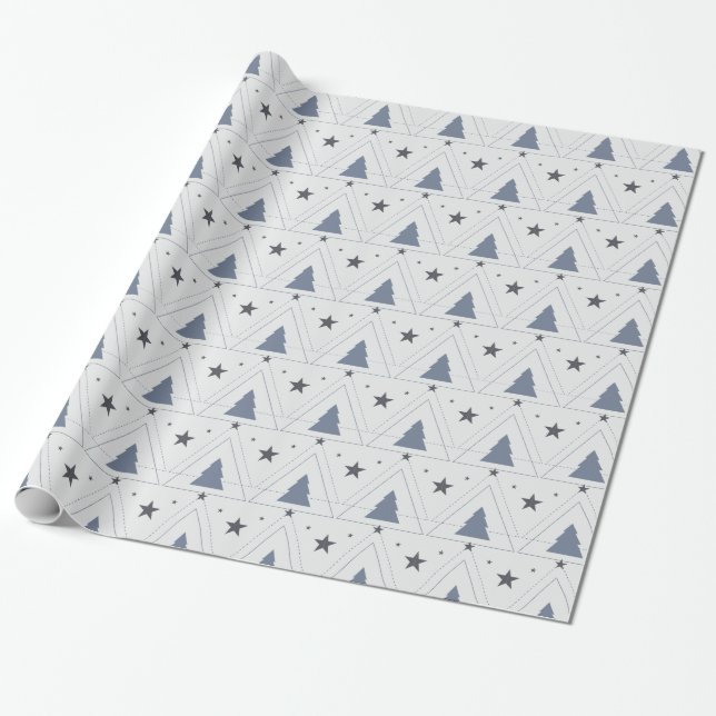 Blue Holiday Trees And Stars Wrapping Paper (Unrolled)