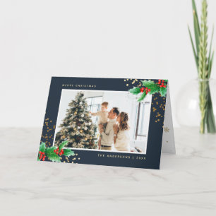 Blue Holly Berries Photo Merry Christmas Card