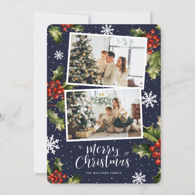 Blue Holly Berries Snowflakes Photo Christmas Card (Front)