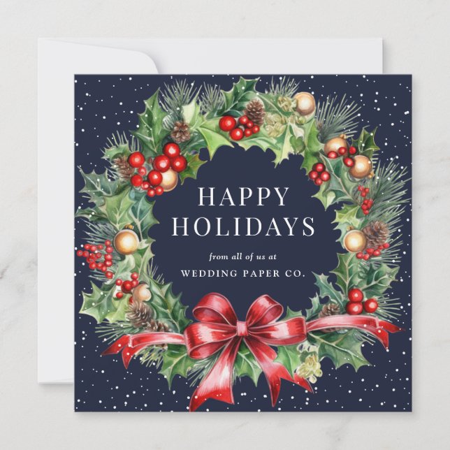 Blue Holly Berry Botanical Wreath Business Holiday Card (Front)