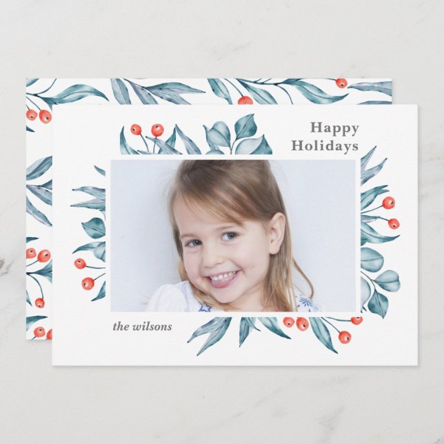 Blue Holly Berry Modern Minimal Photo  Holiday Card (Front/Back)