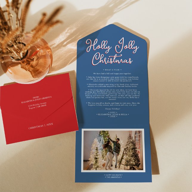 Blue Holly Jolly Christmas Four Photo Family News All In One Invitation (Creator Uploaded)