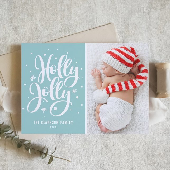 Blue Holly Jolly Hand Lettering Baby Photo Holiday Card (Creator Uploaded)