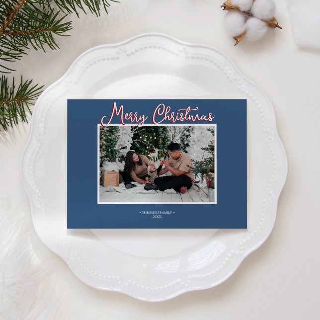 Blue Holly Jolly Merry Christmas Photo and Letter Holiday Card (Creator Uploaded)