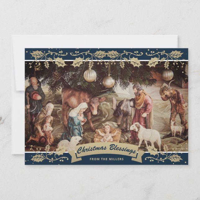 Blue Holly Nativity Scene Christian Christmas Holiday Card (Front)