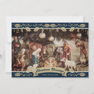 Blue Holly Nativity Scene Christian Christmas Holiday Card