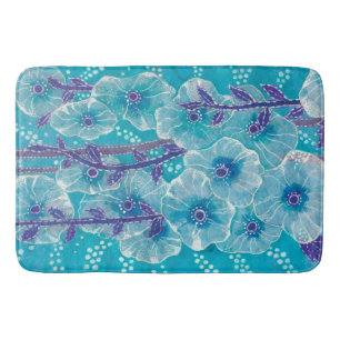 Blue Hollyhock Mallow Malva Flower Floral Painting Bath Mat