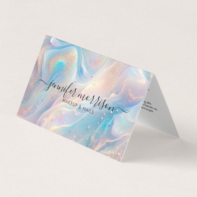 Blue Holographic Opal Gold Glitter Makeup, Beauty Business Card (Front)