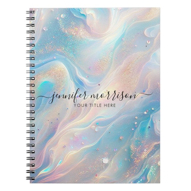 Blue Holographic Opal Gold Glitter Personalised Notebook (Front)