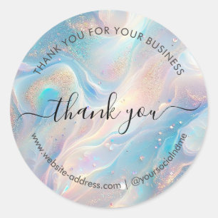 Blue Holographic Opal Gold Glitter Thank You Classic Round Sticker