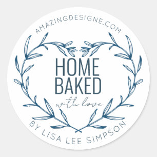 Blue Home baked With Love heart Classic Round Sticker
