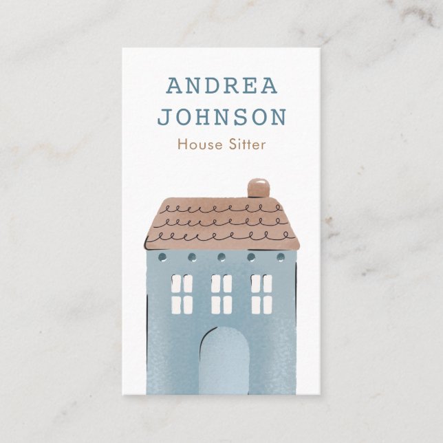 Blue Home Illustration House Sitter Minimalist Business Card (Front)