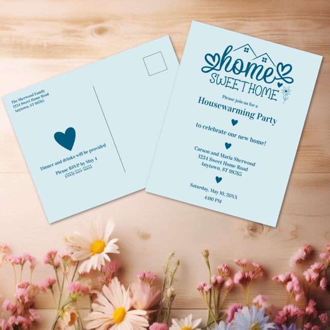 Blue Home Sweet Home Personalised Housewarming Postcard (Blue Home Sweet Home Personalized Housewarming Postcard
)