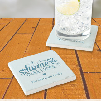 Blue Home Sweet Home Personalised Stone Coaster