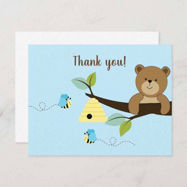 Blue Honey Bear Bumble Bee Bo Flat Thank you notes Invitation (Front/Back)