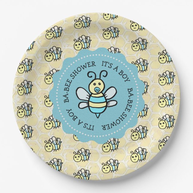 Blue Honey Bee Boy's Baby Shower Paper Plate (Front)