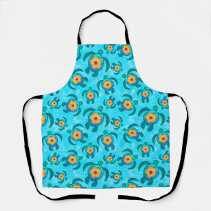 Blue Honu Sea Turtles Hibiscus Flowers Apron
