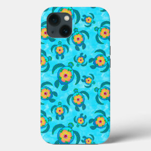 Blue Honu Sea Turtles Hibiscus Flowers iPhone 13 Case