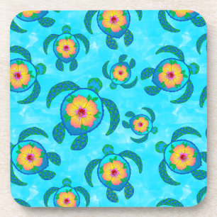 Blue Honu Sea Turtles Hibiscus Flowers Coaster
