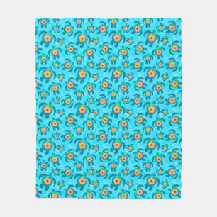 Blue Honu Sea Turtles Hibiscus Flowers Fleece Blanket