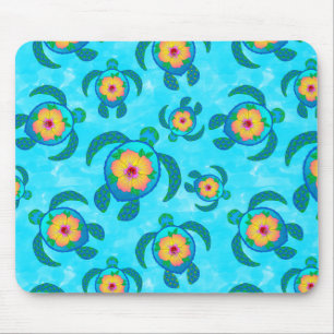 Blue Honu Sea Turtles Hibiscus Flowers Mouse Mat