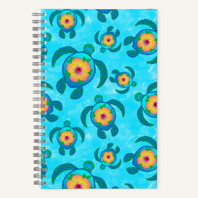 Blue Honu Sea Turtles Hibiscus Flowers Notebook (Front)