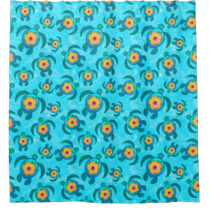 Blue Honu Sea Turtles Hibiscus Flowers Shower Curtain
