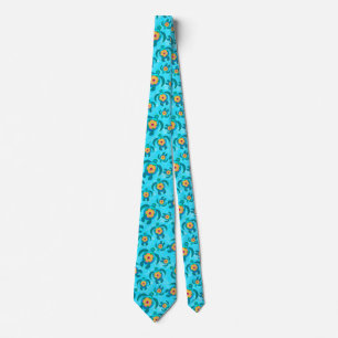 Blue Honu Sea Turtles Hibiscus Flowers Tie