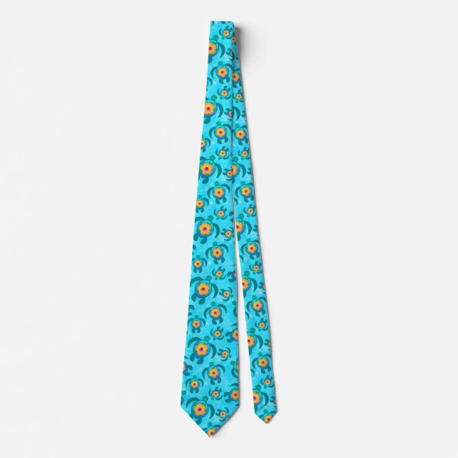 Blue Honu Sea Turtles Hibiscus Flowers Tie (Front)