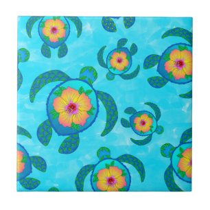 Blue Honu Sea Turtles Hibiscus Flowers Tile