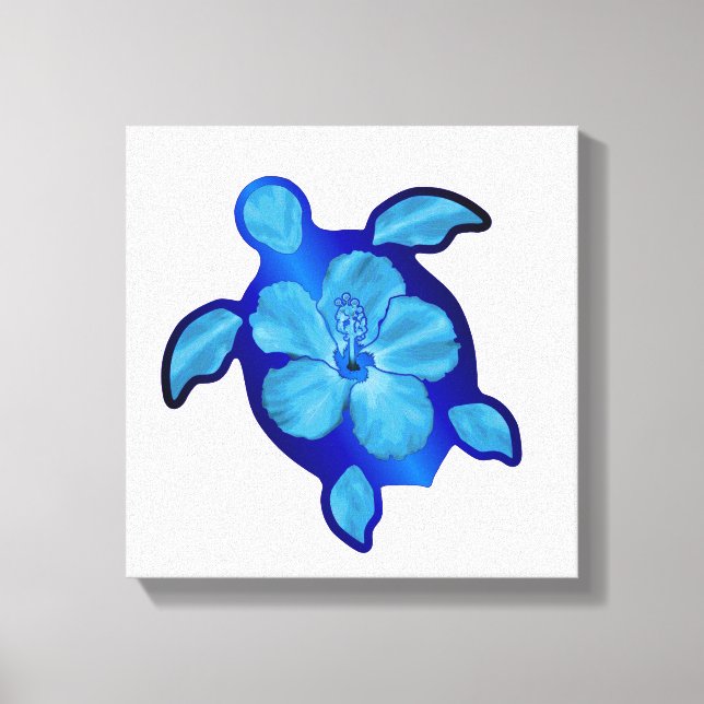 Blue Honu Turtle and Hibiscus Canvas Print (Front)