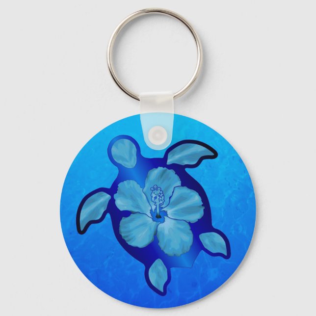 Blue Honu Turtle and Hibiscus Key Ring (Front)