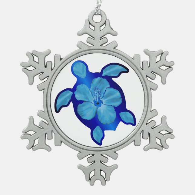 Blue Honu Turtle and Hibiscus Snowflake Pewter Christmas Ornament (Front)