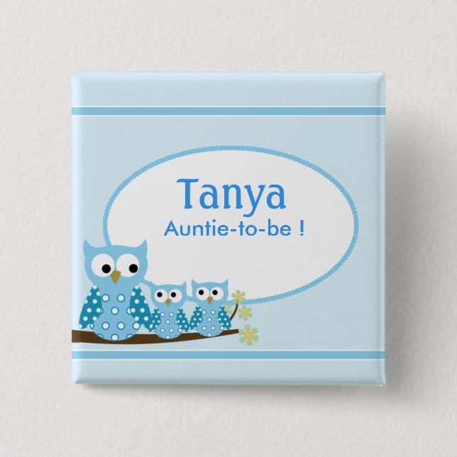 Blue Hoot Owls Baby Shower Name Tag Button (Front)