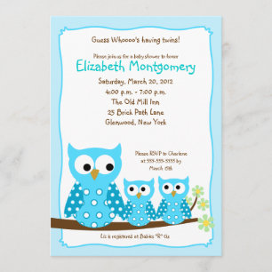 BLUE HOOT OWLS TWINS 5x7 Baby Shower Invitation