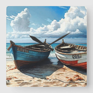 "Blue Horizon". A Colourful Relaxing Boat Seascape Square Wall Clock