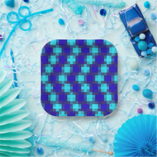 Blue Horizon: Checkered Pattern In Four Blues, Paper Plate