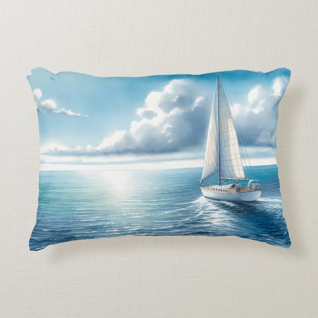 Blue Horizon Solitary Sailboat Decorative Cushion (Front)