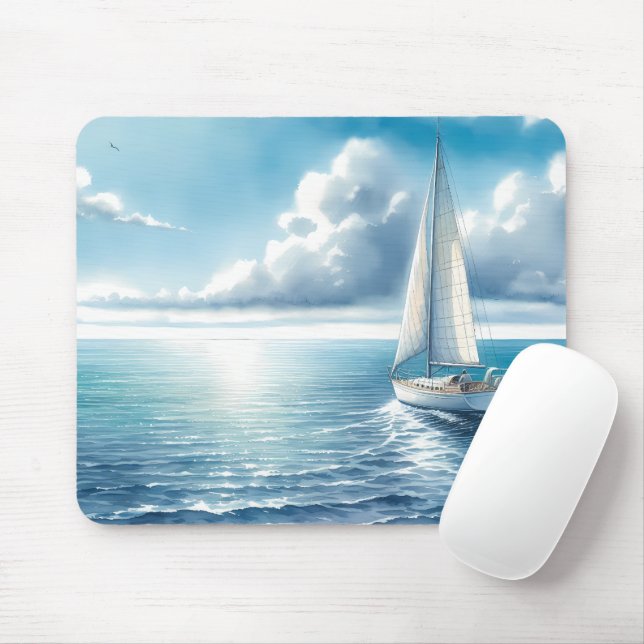 Blue Horizon Solitary Sailboat Mouse Mat (With Mouse)