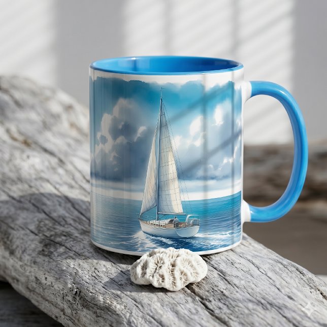 Blue Horizon Solitary Sailboat Mug (Blue Horizon Solitary Sailboat Mug B)