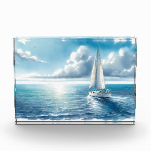 Blue Horizon Solitary Sailboat Photo Block