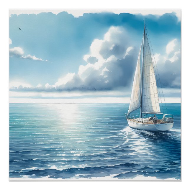 Blue Horizon Solitary Sailboat Poster (Front)