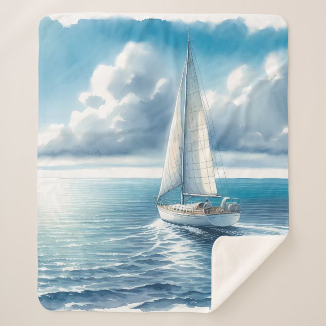 Blue Horizon Solitary Sailboat Sherpa Blanket (Front)