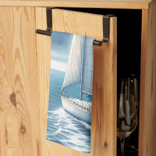 Blue Horizon Solitary Sailboat Tea Towel