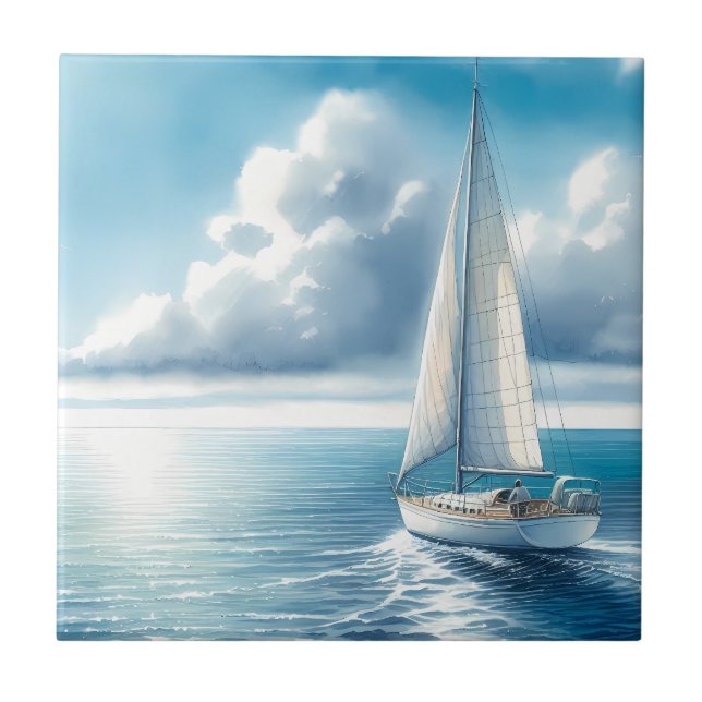 Blue Horizon Solitary Sailboat Tile (Front)