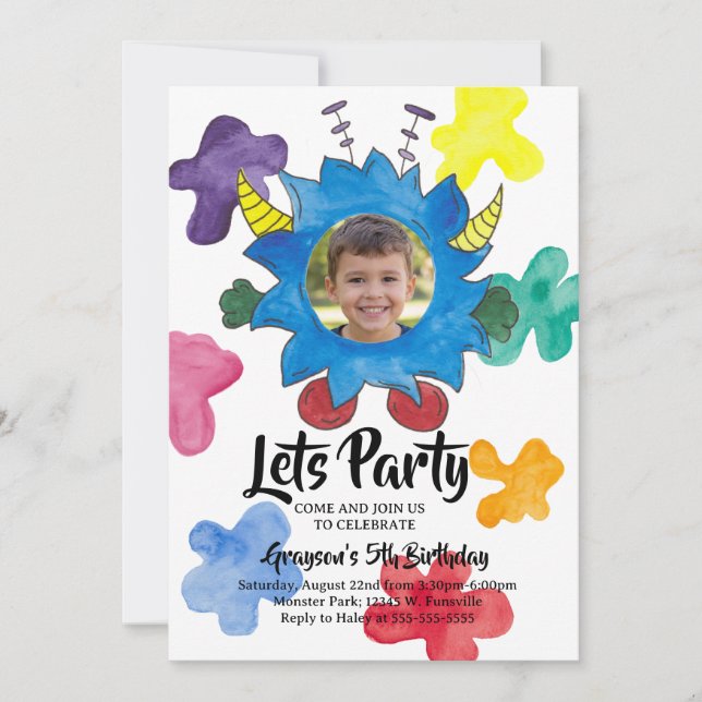 Blue Horned Monster Birthday Party Invitation (Front)